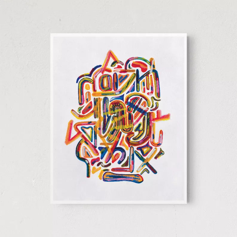 Square abstract graffiti-style art print with multicolor lines on off-white background