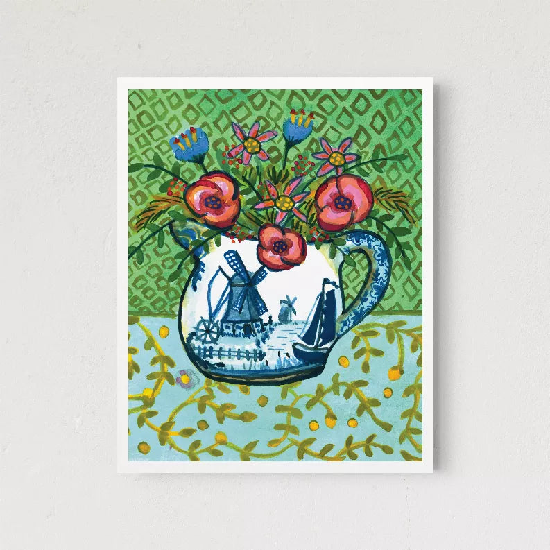 Square framed art print with green pattern, windmill scene, pink flowers and birds