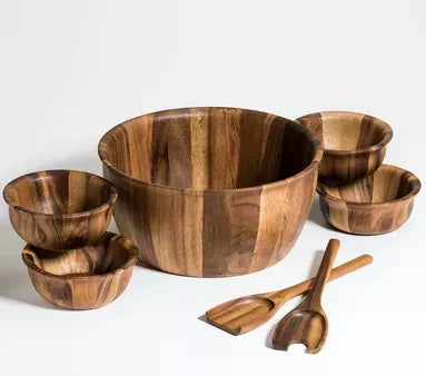 Wooden salad bowl set with large serving bowl, servers, and four individual cups