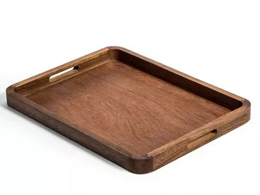 Rectangular wooden serving tray with raised edges and side handles, brown