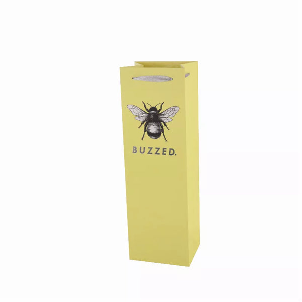 Yellow wine bag with bee graphic and BUZZED lettering, with top carry handle