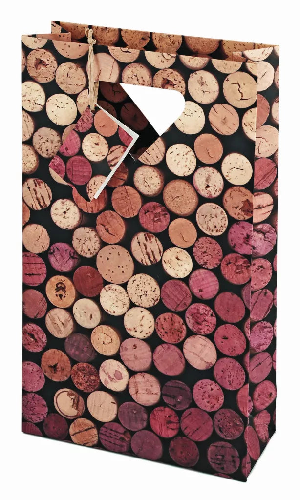 Two-bottle wine bag with cork-style pattern print, brown paper carry bag