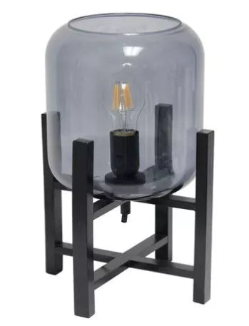 Black wood table lamp with cylinder glass shade and visible Edison bulb, smoke glass