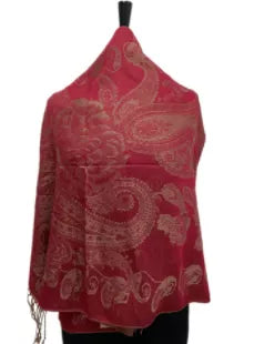 Red patterned pashmina scarf with ornate paisley design and fringe ends