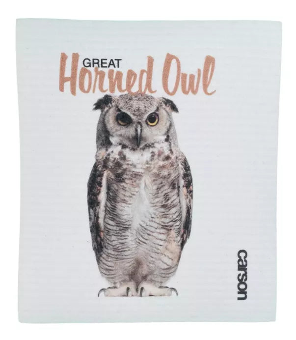 Great horned owl Swedish dishcloth with gray-and-tan owl print and Carson logo