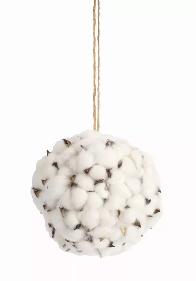 6-inch white cotton orb pom-pom ornament with hanging twine loop