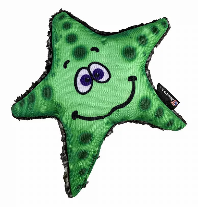 Large neon green starfish dog toy with smiling face, black edge trim