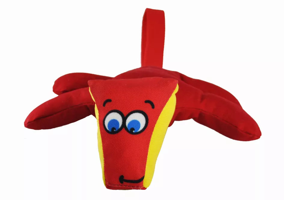 Red and yellow plush corn dog toy with arms and dangling loop tag