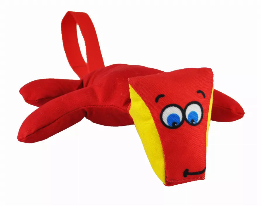 Red and yellow plush corn dog toy with loop handle and side arms