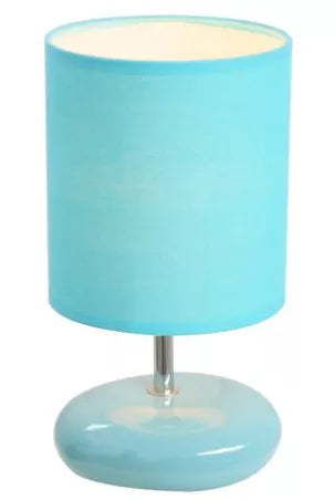 Blue small stone-look bedside table lamp with cylindrical fabric shade and ceramic base