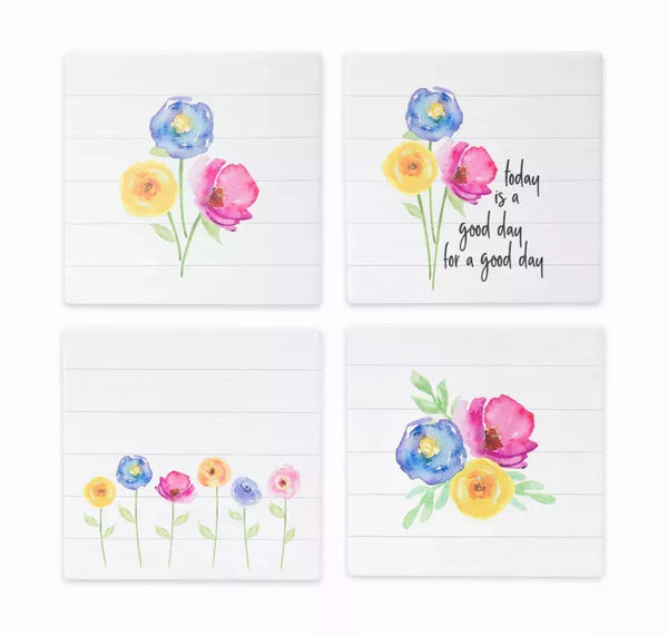 Floral stoneware tiles: four 4-inch square designs with pastel flowers and notes