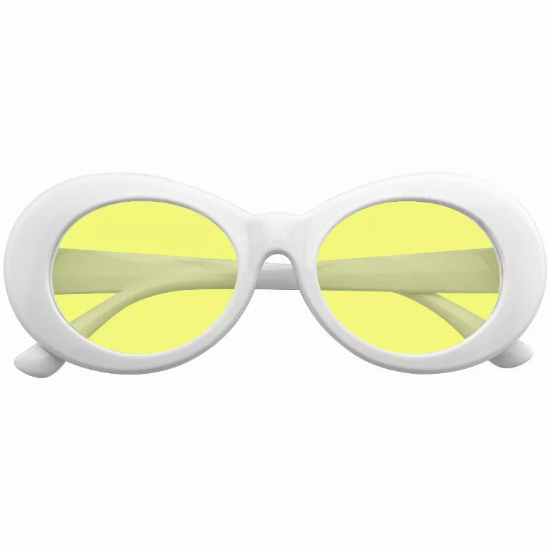 White oversized round goggle sunglasses with yellow tint lenses