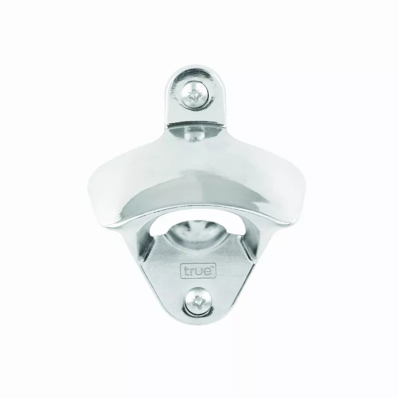 Silver wall-mounted metal bottle opener with round screw mount and "true" logo