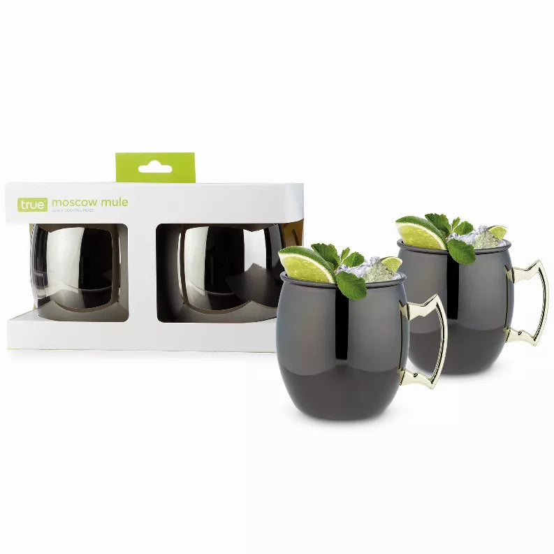 Moscow mule mug by True, dark gray with gold-tone handle and copper-style interior