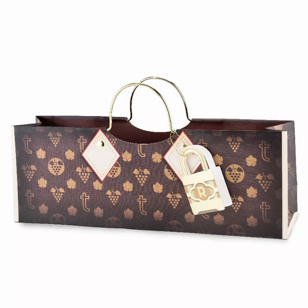 Brown logo purse bag with patterned canvas, top handles, and faux-leather key fob