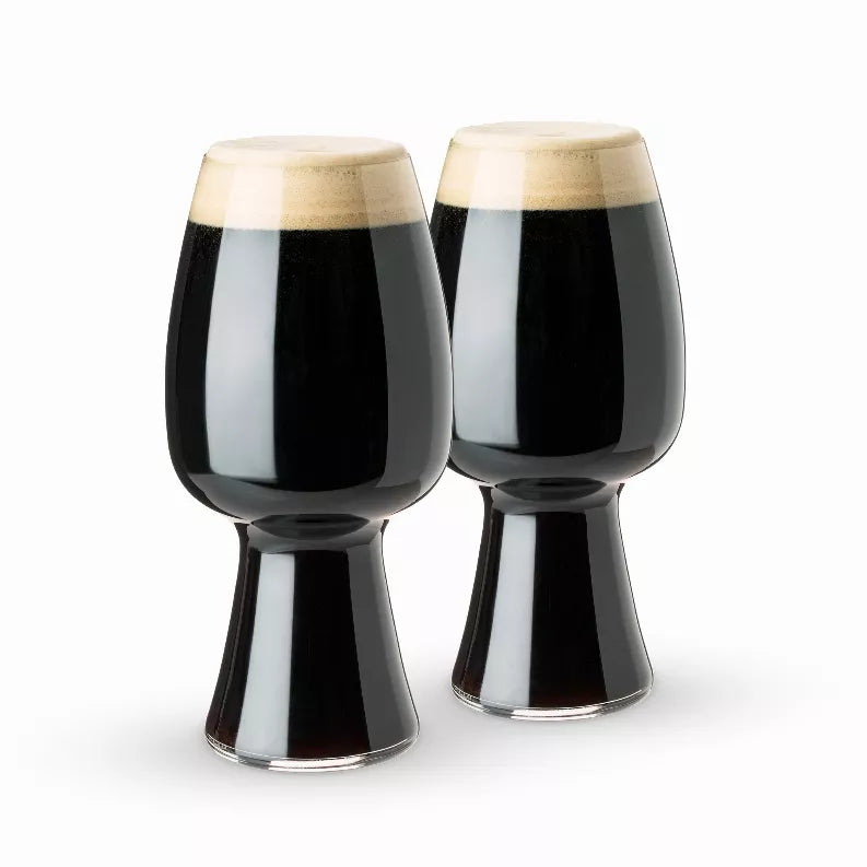 Spiegelau stout glasses, clear tulip shape with stem and round base, 21 oz