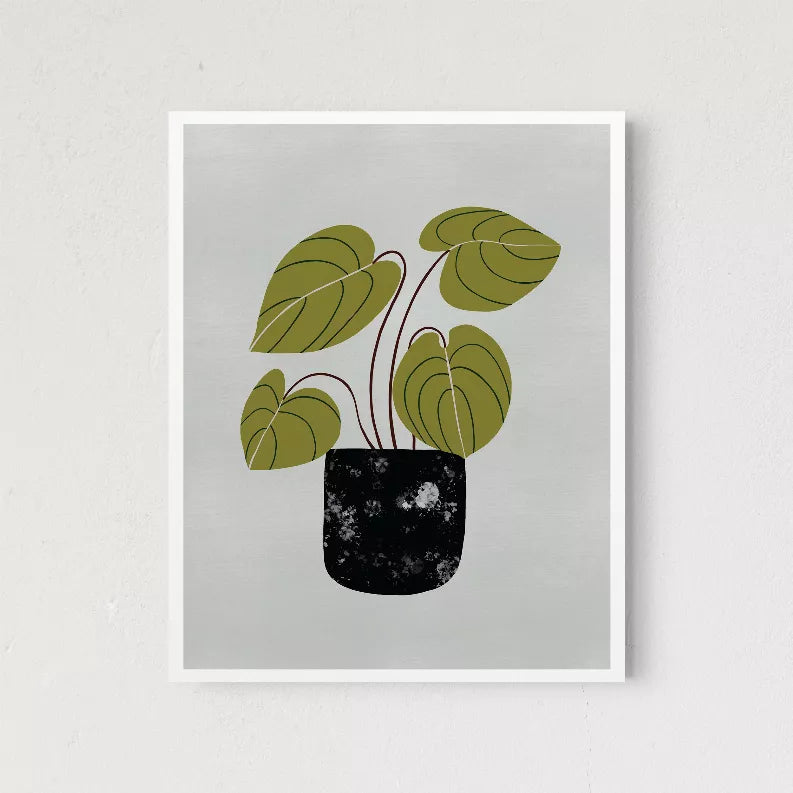 Square framed peperomia wall art print with green leaves in black pot