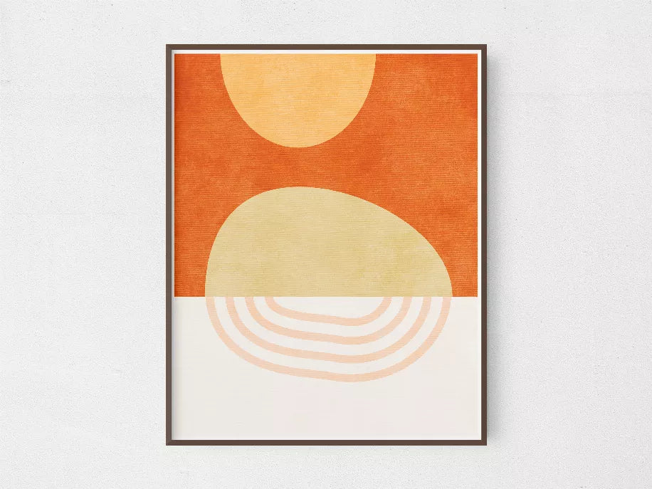 Framed abstract wall art with orange and cream semicircles and pale striped arcs