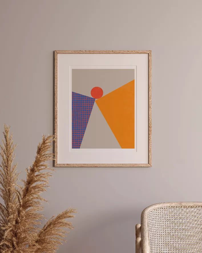 Wood-framed abstract wall art with red circle and geometric shapes