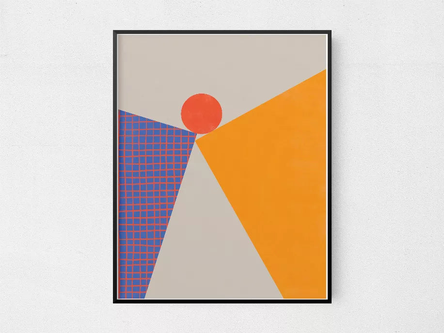 Black-framed abstract wall art with red circle and blue grid triangle
