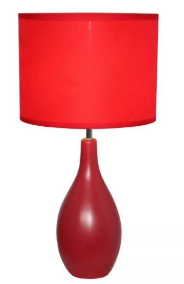 Red ceramic table lamp with bowling-pin oval base and round cylindrical shade