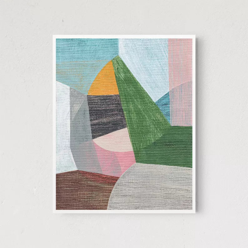 Framed abstract wall art print featuring geometric teal, green, pink, and brown shapes.
