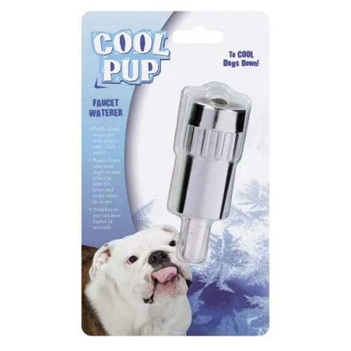 Chrome faucet dog waterer attachment with drink spout, for pet cooling.