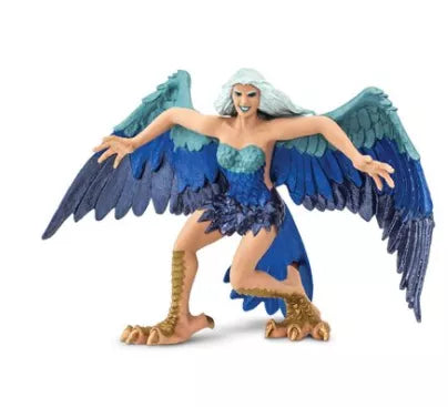 Harpy figurine with blue feathered wings spread, white hair, blue bodysuit, clawed feet