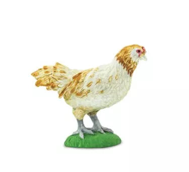 Ameraucana chicken figurine, white and brown hen standing on green base
