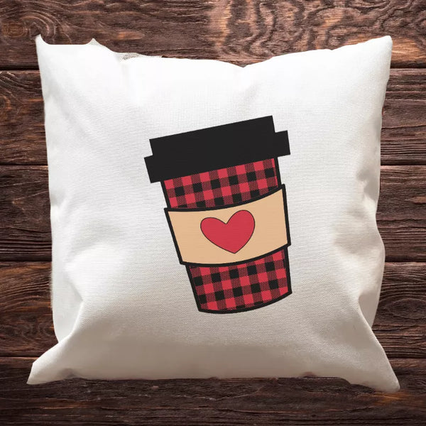 White pillow cover with plaid coffee cup applique and red heart