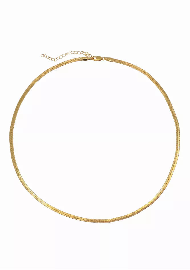 Gold herringbone necklace with thin chain and small charm on clasp