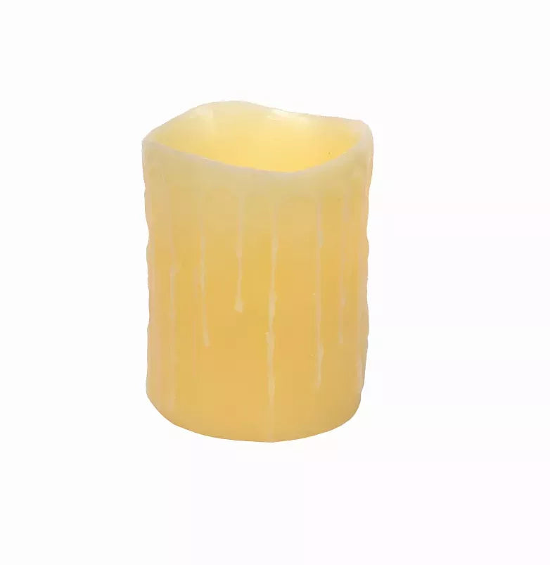 LED wax pillar candle, yellow cylindrical design with dripping wax effect