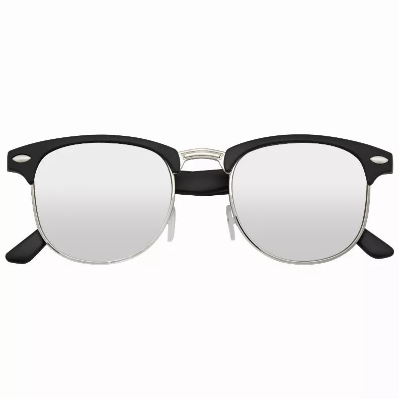 Half-frame horned sunglasses with silver mirrored round lenses and dark metal frame