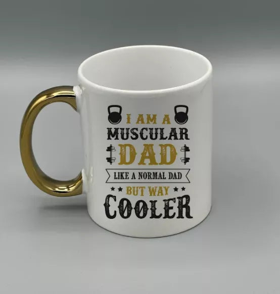 "Cool Dad Muscular" Gold Handle Coffee Mugs | By Trebreh Designs - Food & Drink | Ceramic, Cups & Mugs, Home & Garden