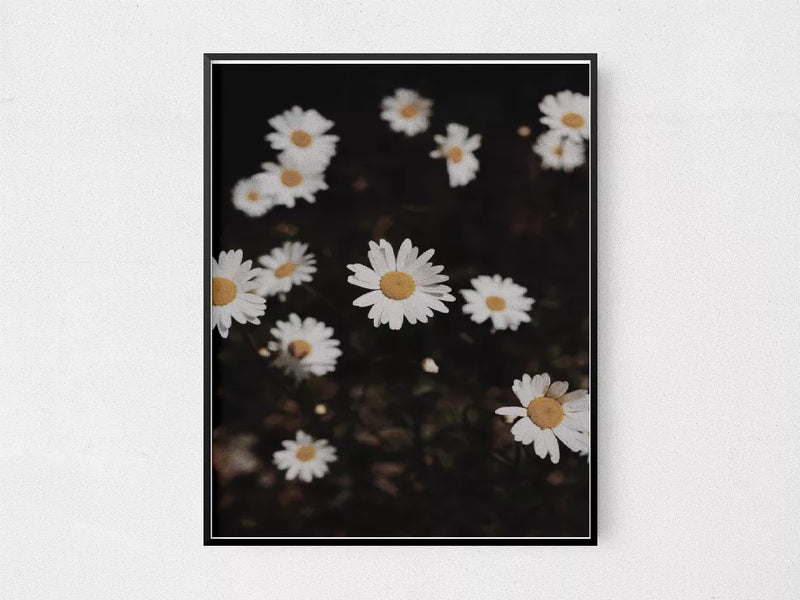 Floral framed wall art with white daisies and yellow centers, thin dark border