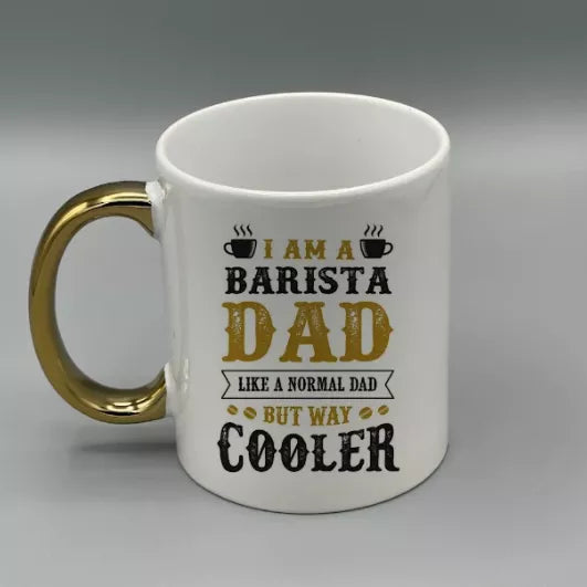 "Cool Dad Barista" Gold Handle Coffee Mugs | By Trebreh Designs - Food & Drink | Ceramic, Cups & Mugs, Home & Garden
