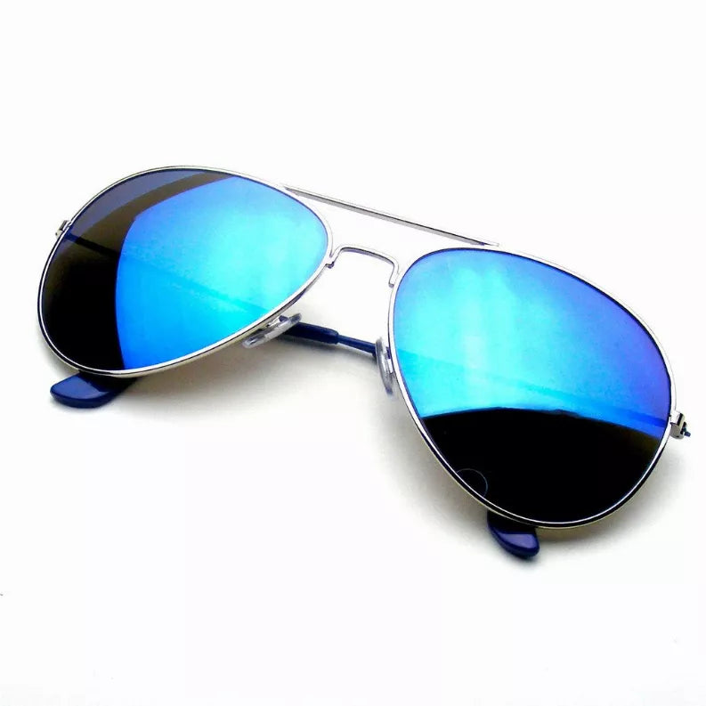 Blue mirrored aviator sunglasses with metal frame and teardrop lenses