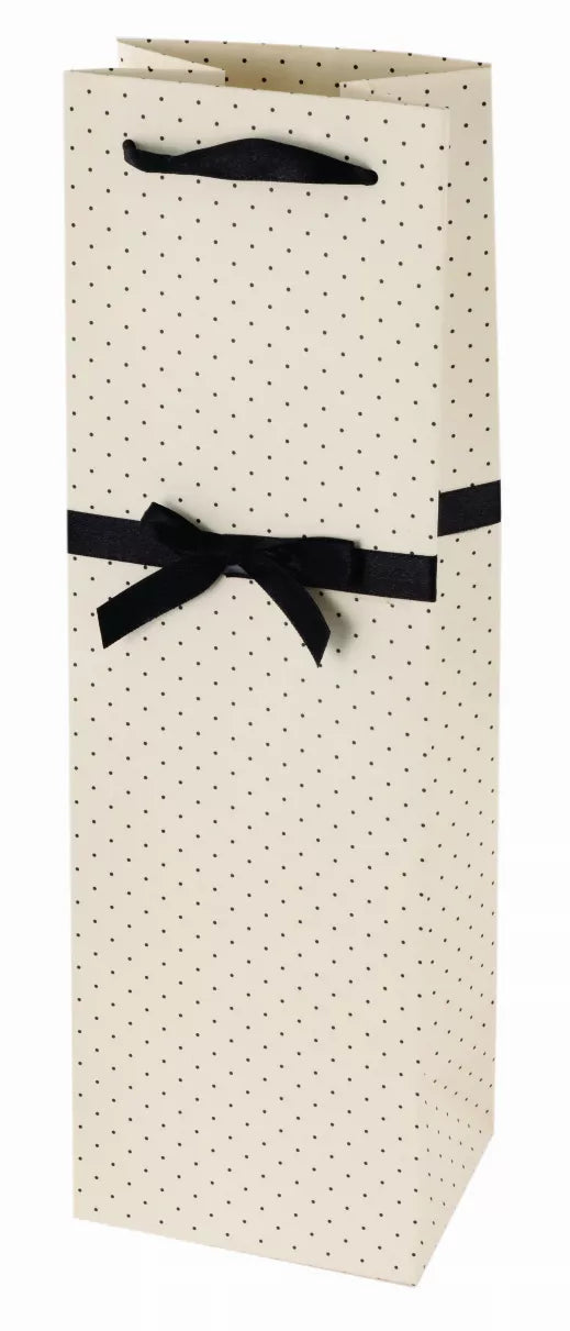 White wine bag with black handle and ribbon bow, dotted pattern