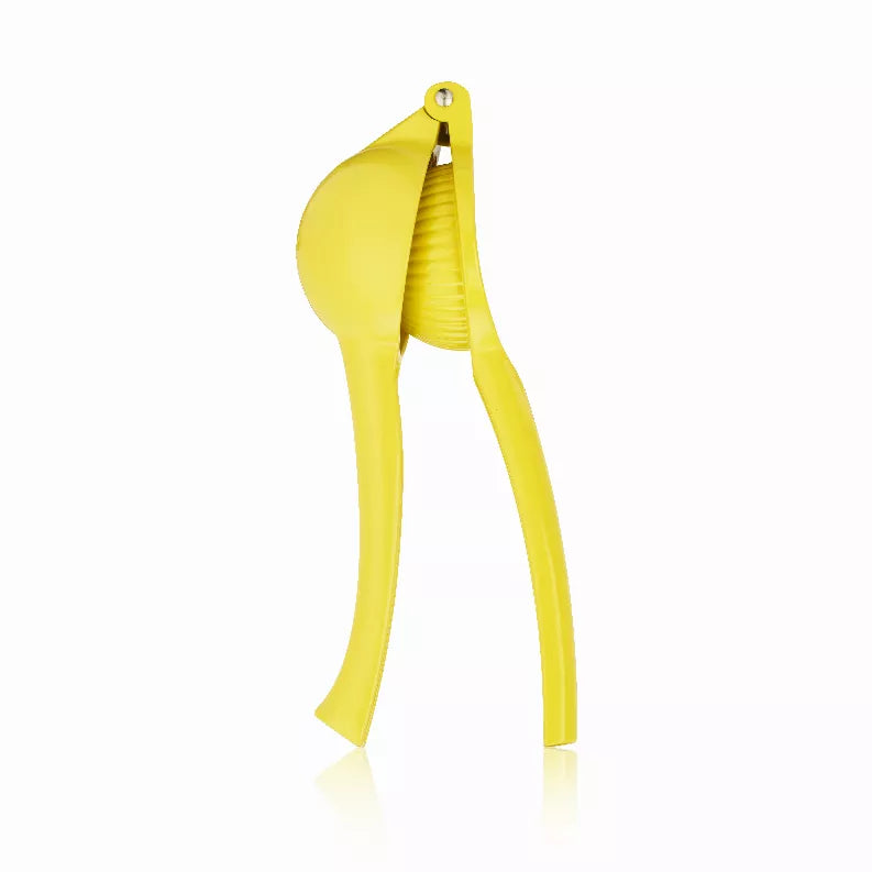 Yellow handheld lemon juicer press with ridged cone and squeeze handles