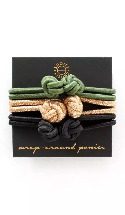 Wrap-around hair pony set of 3: three knotted bands in green, gold, and black