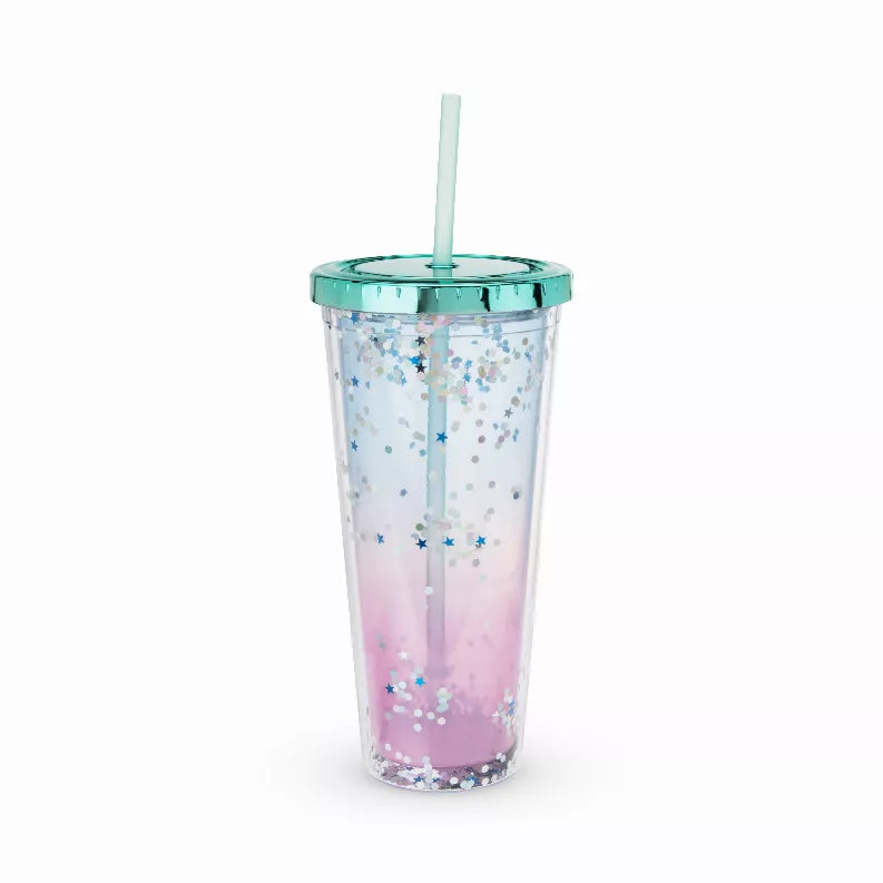 Mermaid glitter drink tumbler with teal lid, clear sides, pink ombre, star glitter, straw
