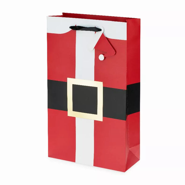 Santa-themed double-bottle wine bag with red, black, and white check pattern