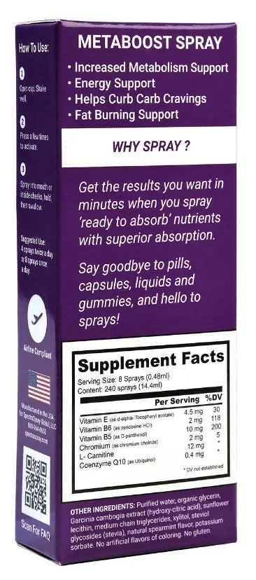 SpectraSpray Metaboost spray box with supplement facts panel and serving info