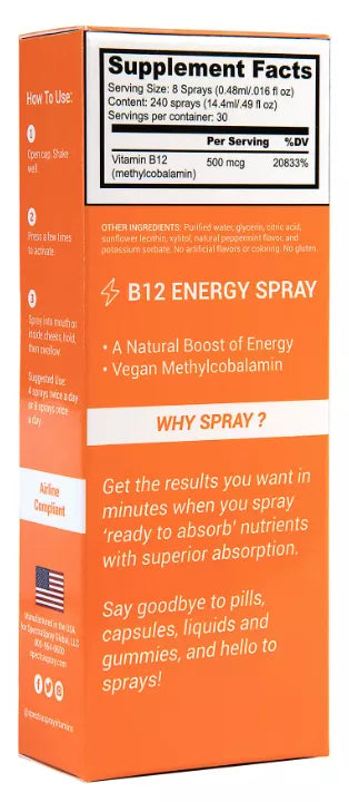 SpectraSpray B12 Energy oral spray box back with Supplement Facts