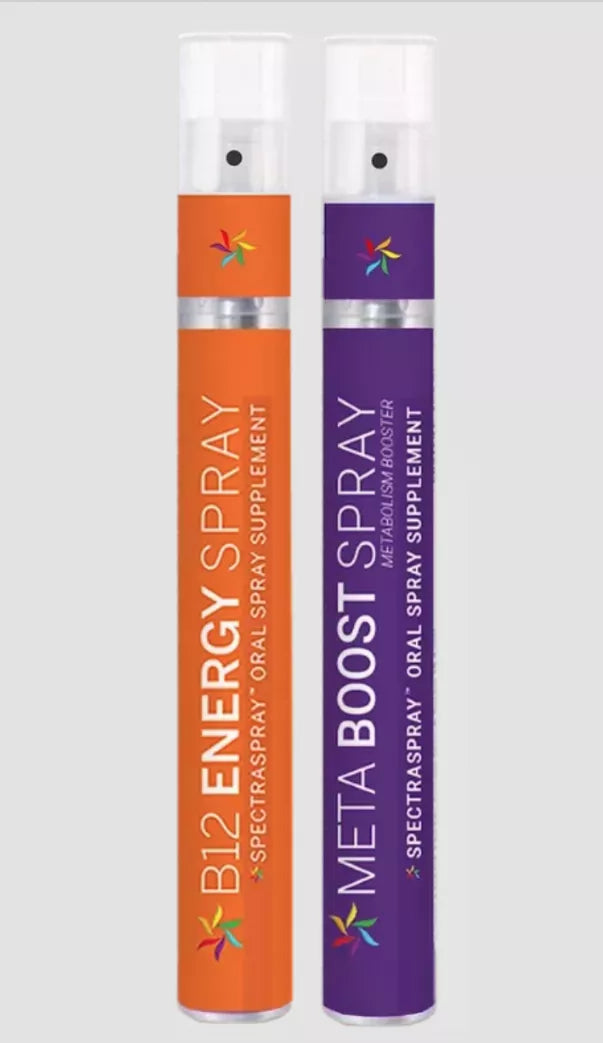 Two SpectraSpray oral spray bottles: B12 Energy and Metaboost, spearmint flavor