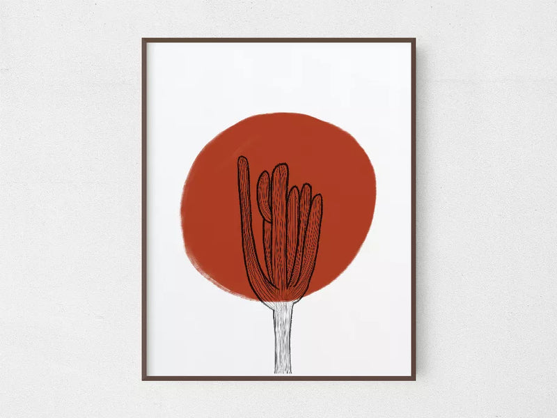 Framed desert plant art print with red-orange circle and black cactus linework