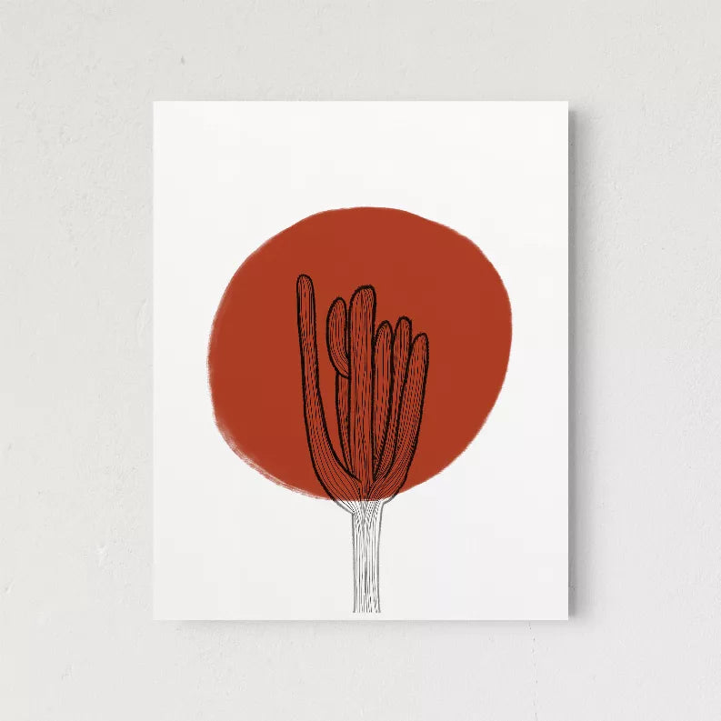 Framed desert plant art print with red-orange circle and black cactus line detail