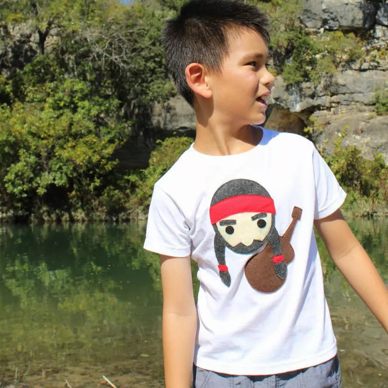 Kids white T-shirt worn by child, cartoon musician holding guitar front print