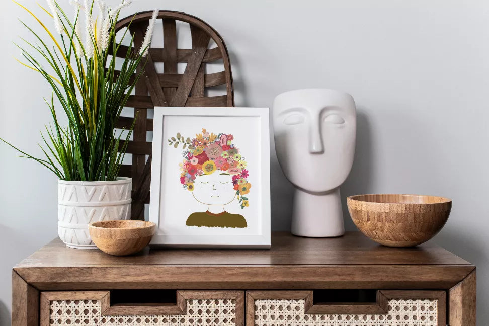Framed floral lady portrait print with colorful flower crown on a white background mat