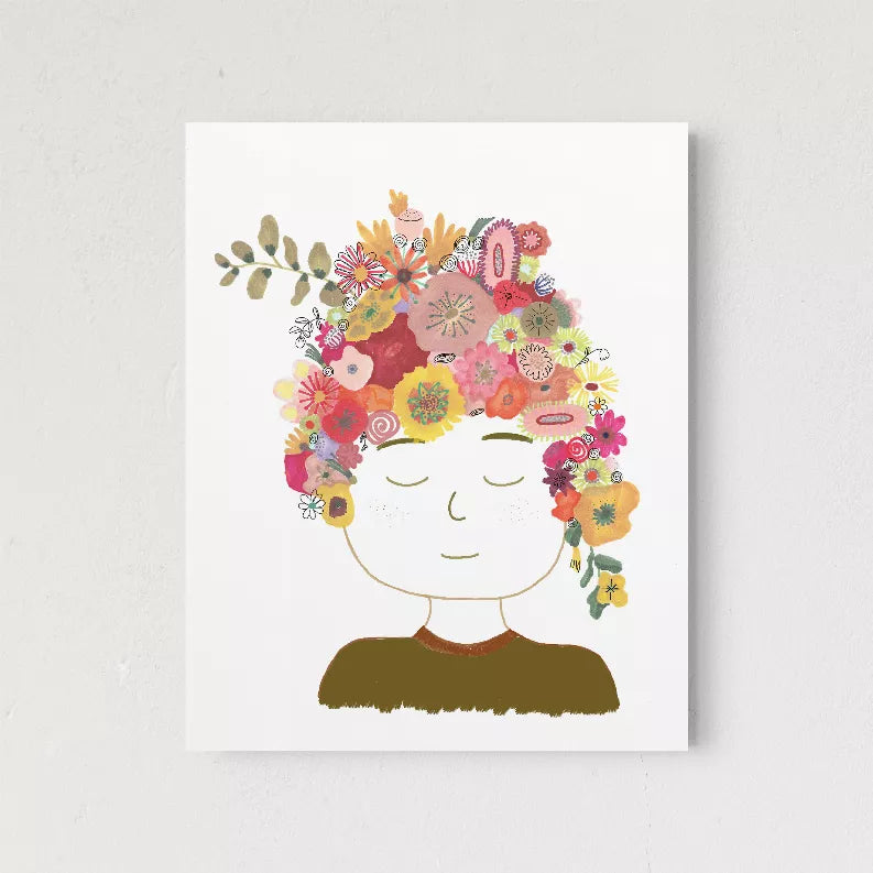 Floral lady portrait wall art print, closed eyes, colorful flowers forming a headpiece